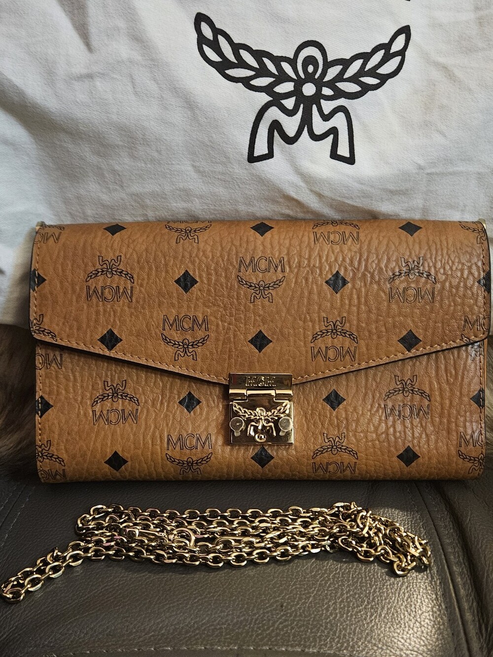 MCM Cognac Visetos Envelope Crossbody with Gold Hardware